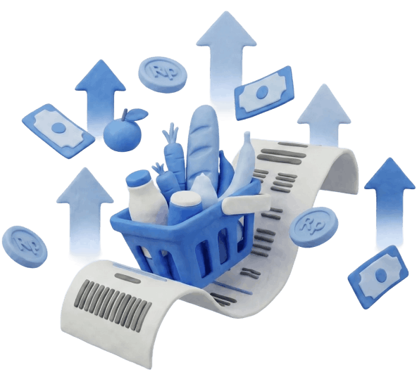 Ilustrasi keranjang belanja, struk, dan ikon uang serta properti