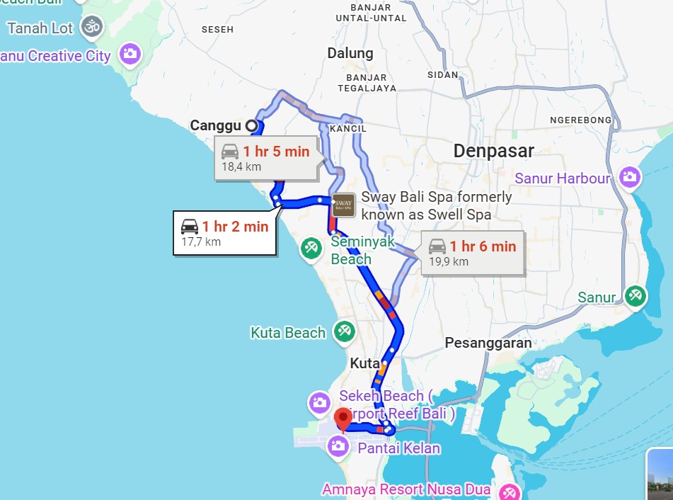 Distance between I Gusti Ngurah Rai Airport and Canggu Bali