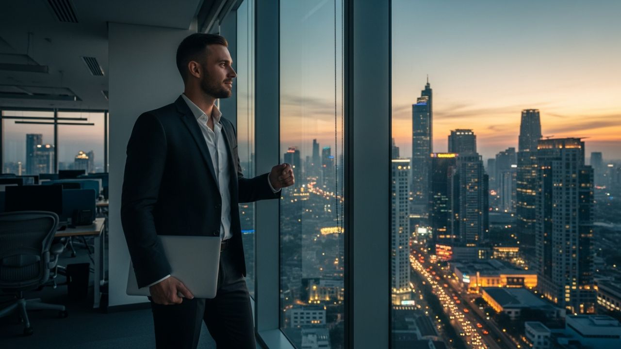 Professional expat standing by window