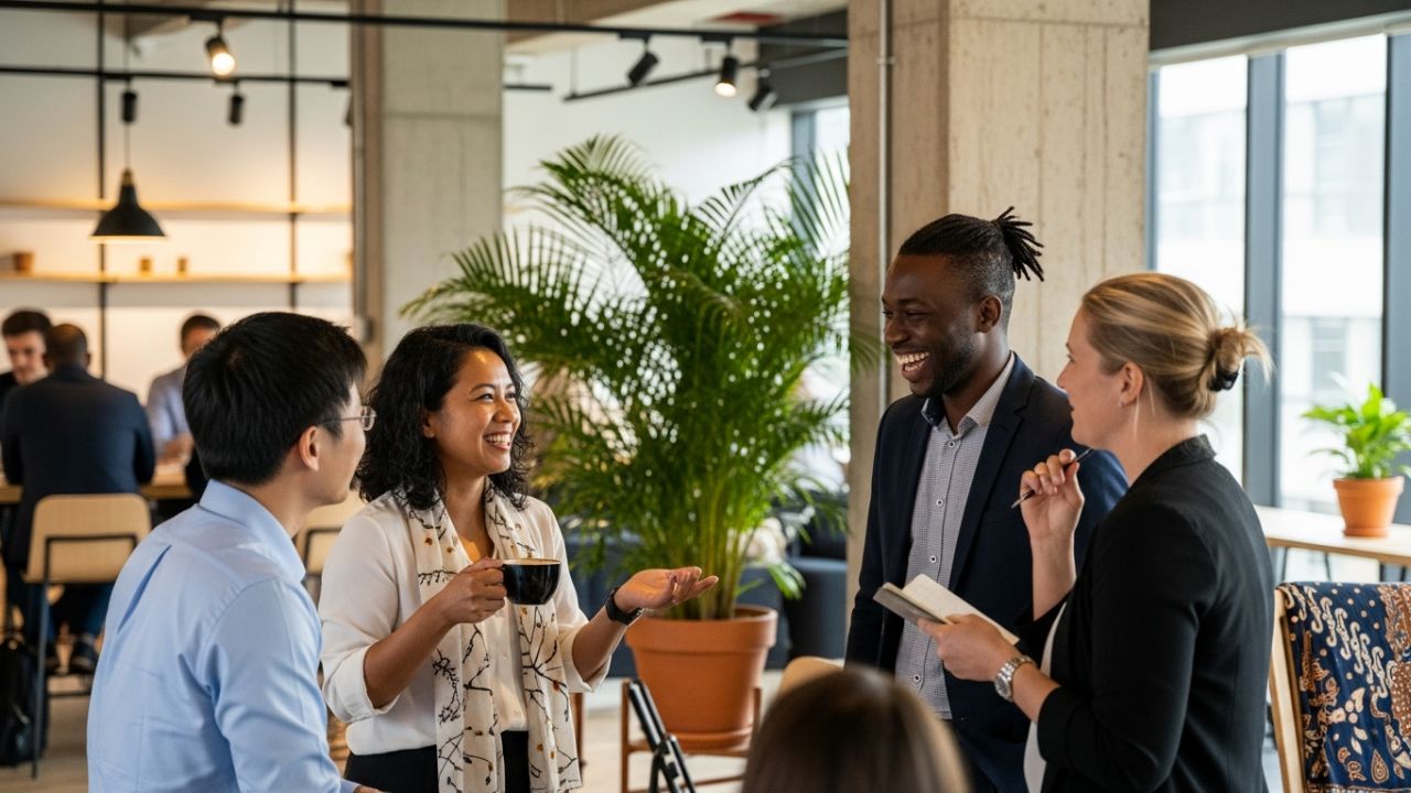 4 Recommended Communities to Support Professional Networking in Indonesia for Expats 1 international professionals from diverse backgrounds engaging in a networking conversation