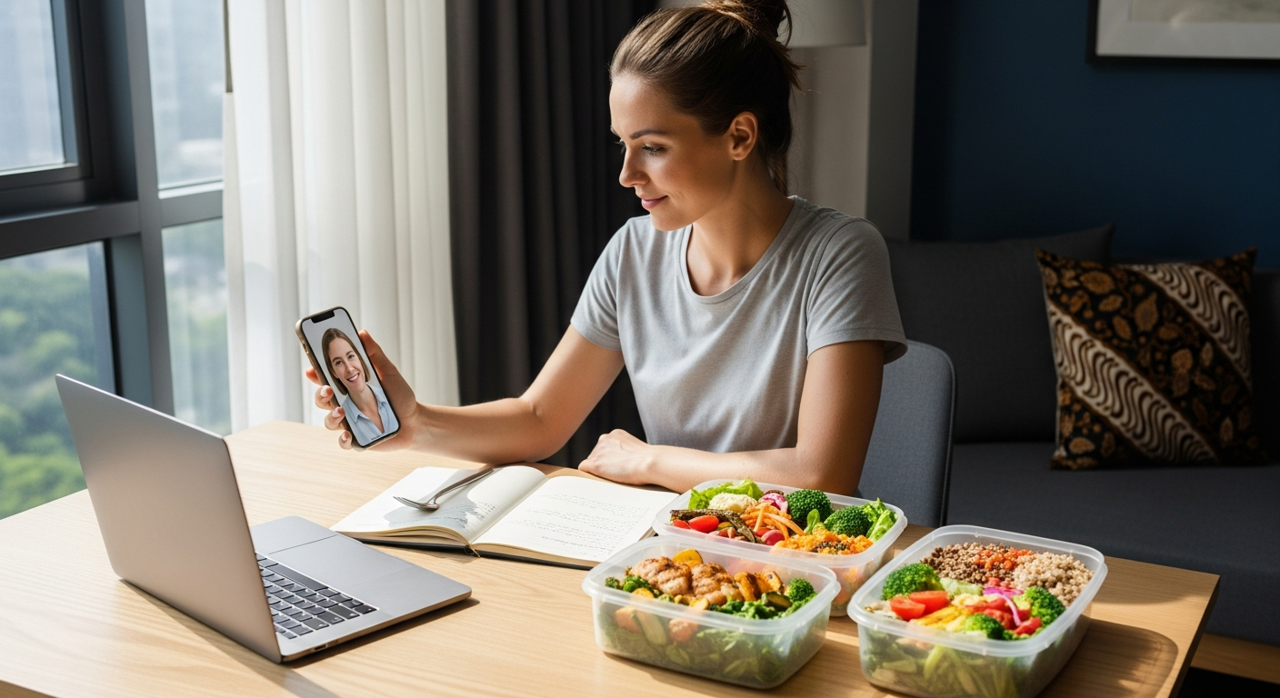 Nutrition and Diet Counseling in Indonesia: What Expats Should Know 3 an expatriate in Indonesia having an online nutrition consultation via smartphone