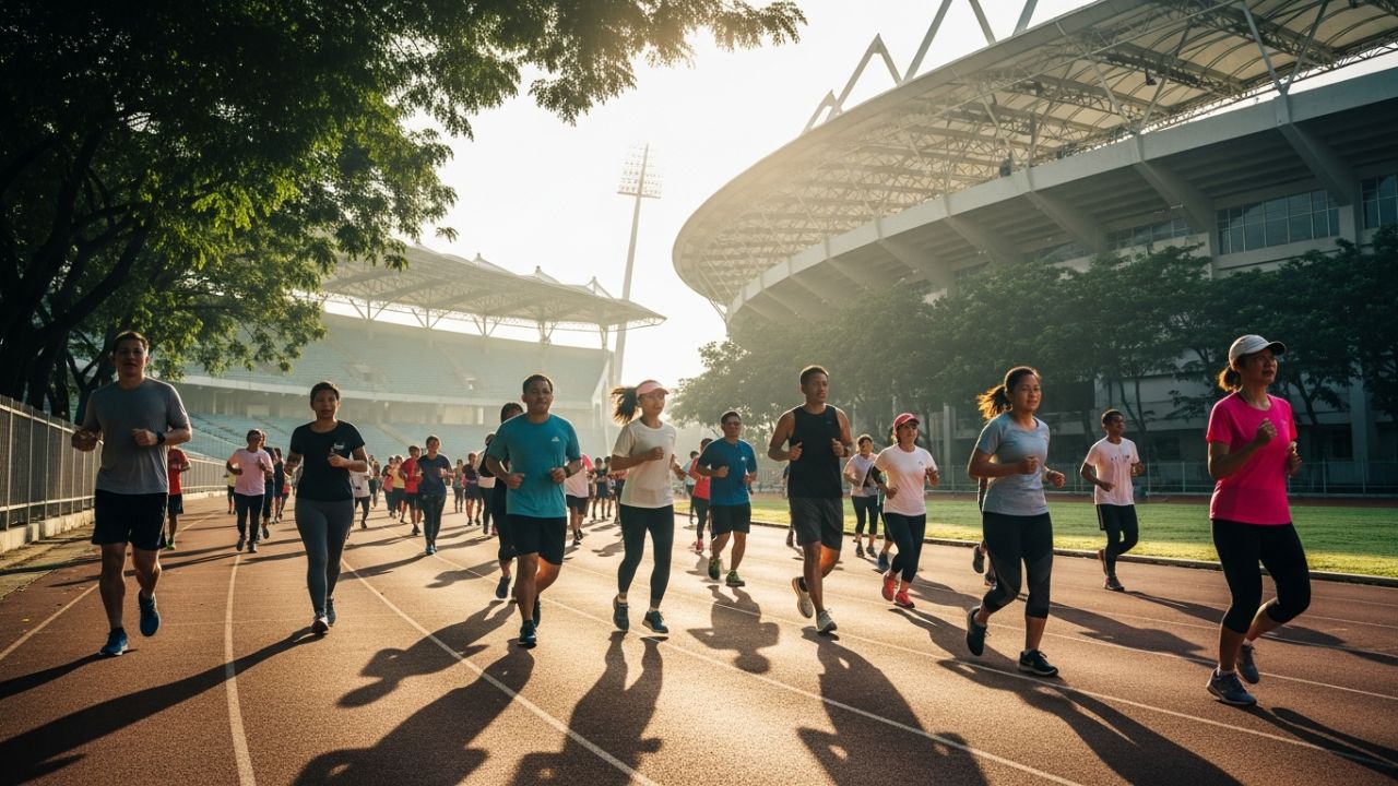 people jogging at Gelora Bung Karno (GBK) stadium