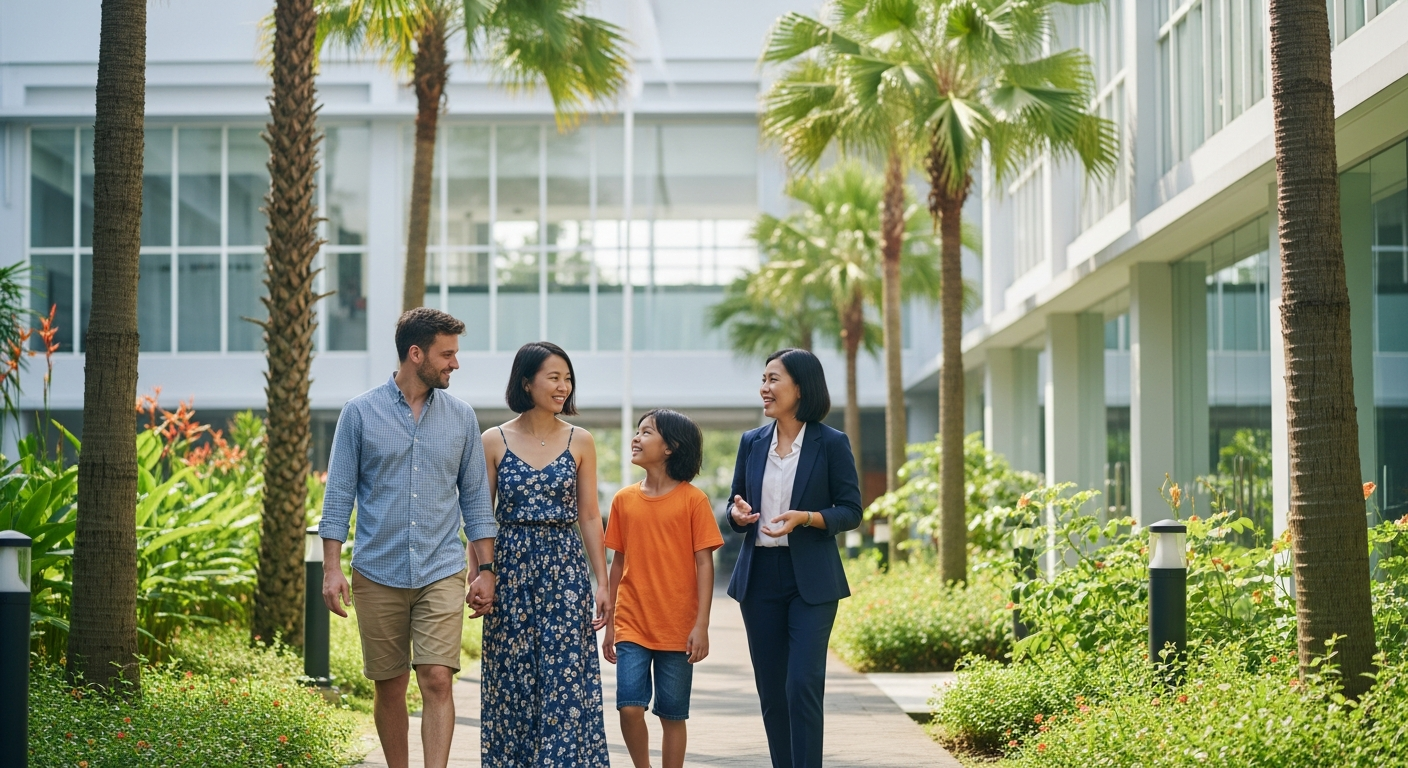 Top 7 Criteria: How Parents Evaluate International Schools in Indonesia 3 a diverse expat family visiting a modern international school campus in Jakarta