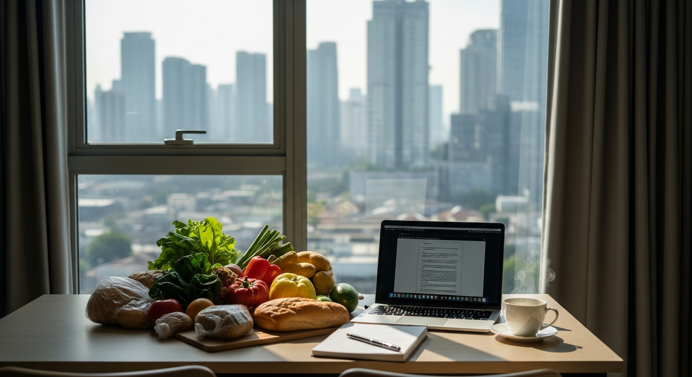 a modern apartment interior with groceries, laptop, and coffee on the table