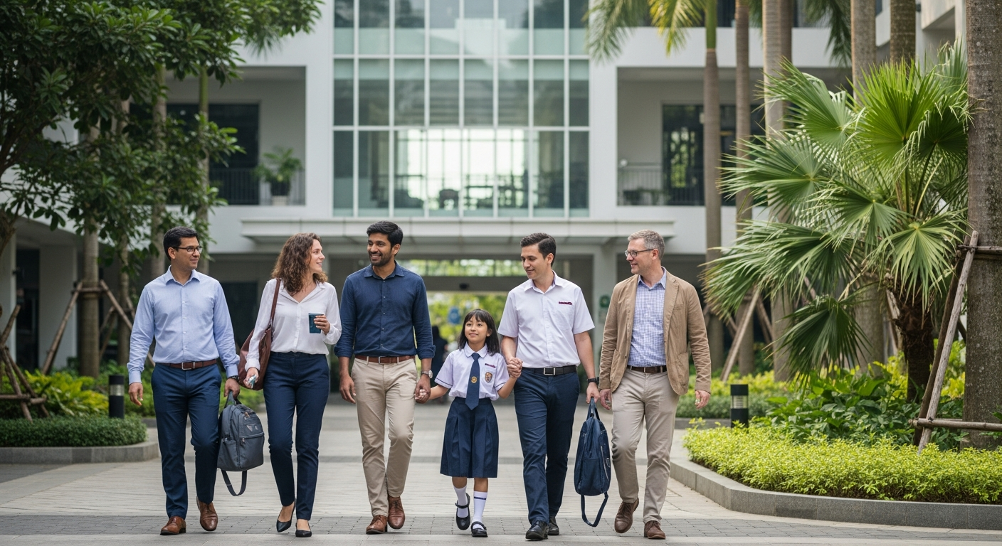 expat parents walking with a child wearing school uniform