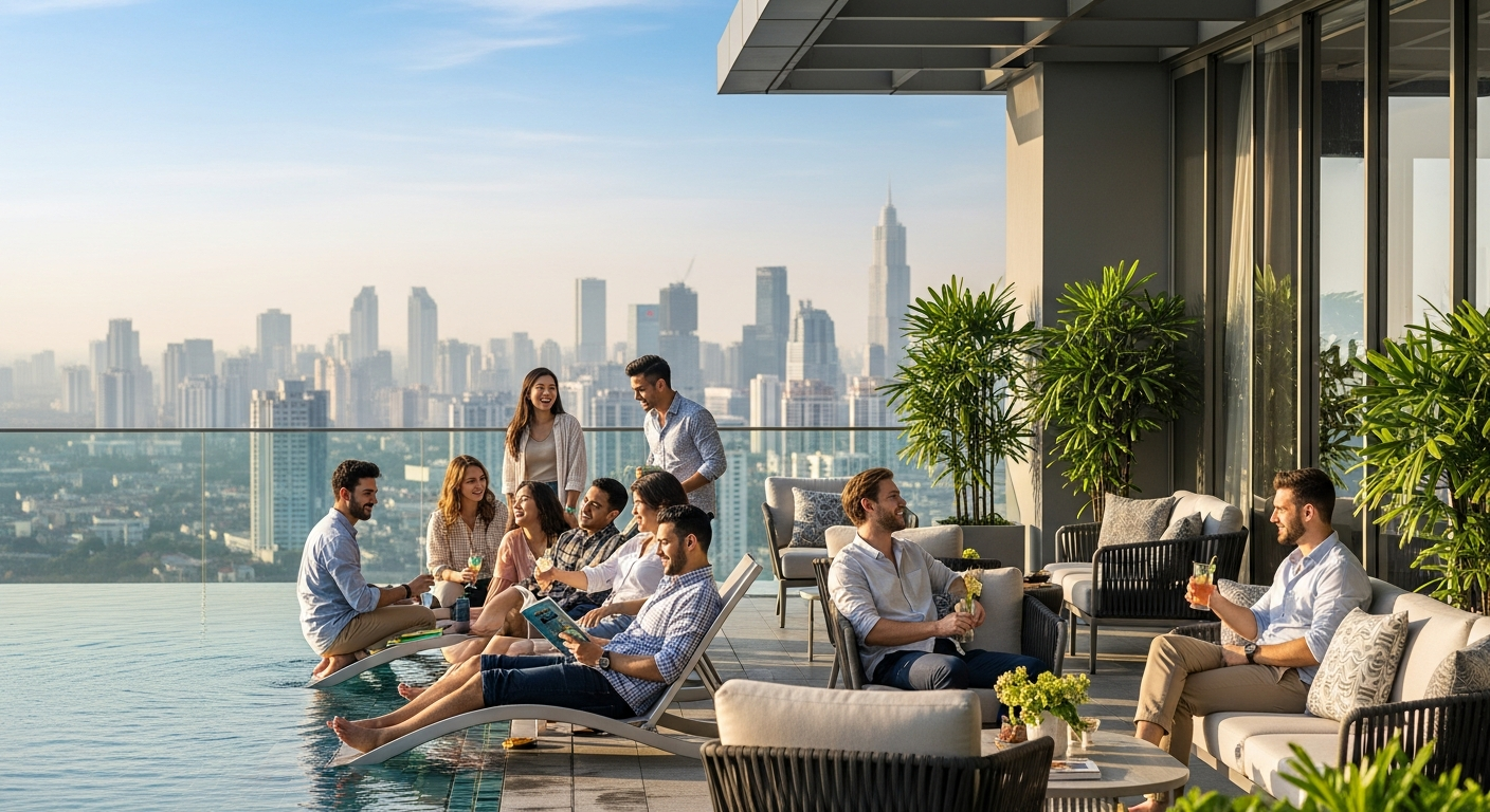 expats relaxing in a high-rise apartment complex in Jakarta