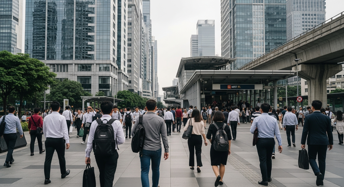 office workers and expats walking toward MRT stations and office buildings