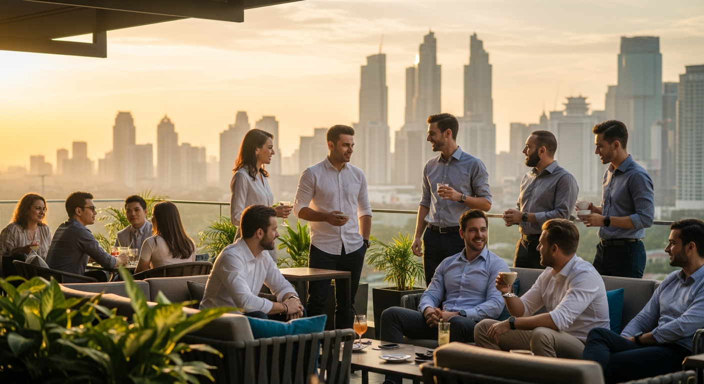 professionals and expats relaxing at a rooftop lounge or cafe