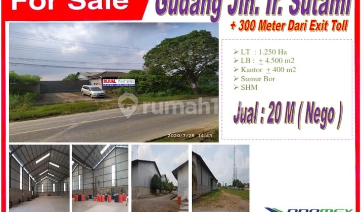 Gudang Jln. Ir. Sutami Bandar Lampung, + 650 Meter Dari Exit Toll. Harga Turun