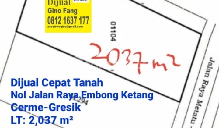 Dijual Cepat Tanah Nol jalan raya Cerme Gresik