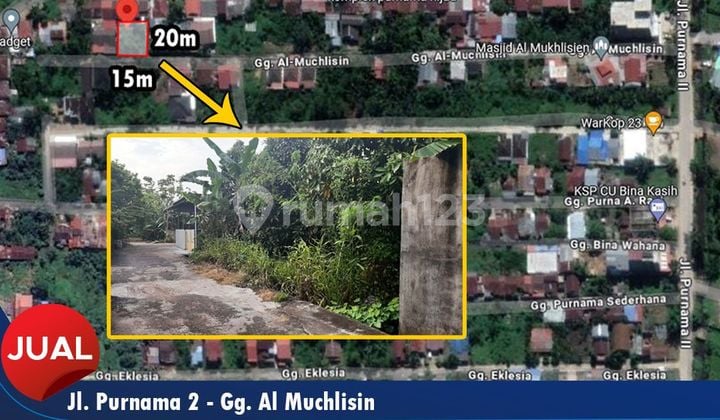 For sale: a plot of land on Jl. Purnama 2, Alley Al-Muchlisin, with SHM (Certificate of Ownership).
