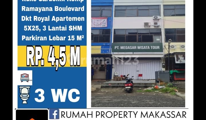 Ruko Komp Ramayana Boulevard Dekat Royal Apartemen 5X25, 3 Lantai SHM Parkiran Lebar 15 M²