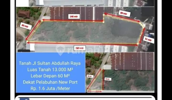 Tanah Jl Sultan Abdullah Raya Luas Tanah 13.000 M² Lebar Depan 60 M² ******** Rp. 1.6 Juta /Meter