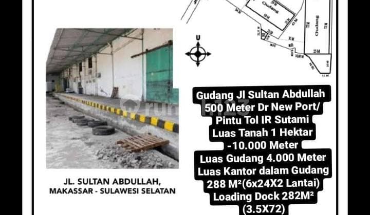 Warehouse on Jl Sultan Abdullah, 500 Meters from New Port/Ir Sutami Toll Gate, Land Area 1 Hectare - 10,000 Square Meters, Warehouse Area 4,000 Square Meters, Office Area Inside Warehouse 288 m² (6x24x2 Floors), Loading Dock 282 m² (3.5x72), Rp. 45 Billion Negotiable.