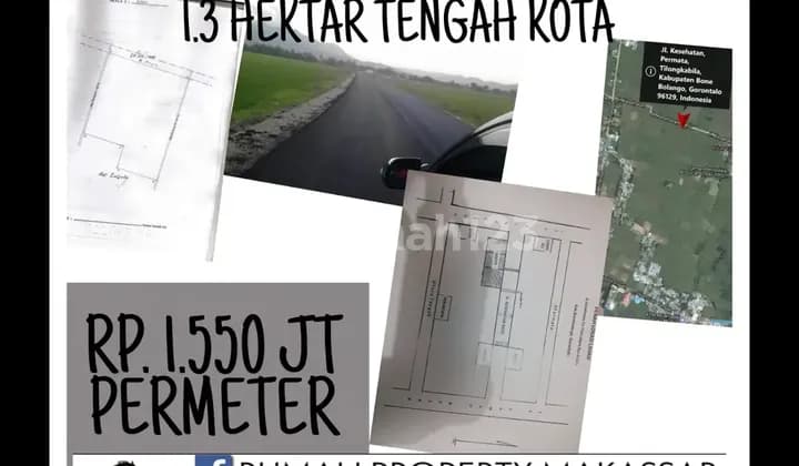 Turun Harga Dijual Tanah 1,3 Ha Gorontalo. SHM Hadap Utara, Bentuk Kotak Dekat Dari Rumah Sakit Toto(300-500 Meter Dr Tanah Tsb),Kantor Pengadilan Tinggi Agama,Kejaksaan Tinggi,Pengadilan Agama(500-600 Meter Dr Tanah Tsb). Diperuntukkan Kawasan Perdaganga
