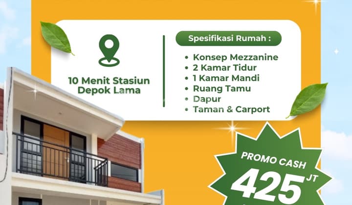 Rumah Baru Siap Huni Semi 2 Lantai Dekat Stasiun KRL Depok Harga 400 Juta