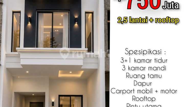 Rumah 2,5 Lantai Rooftop Akses Dua Mobil