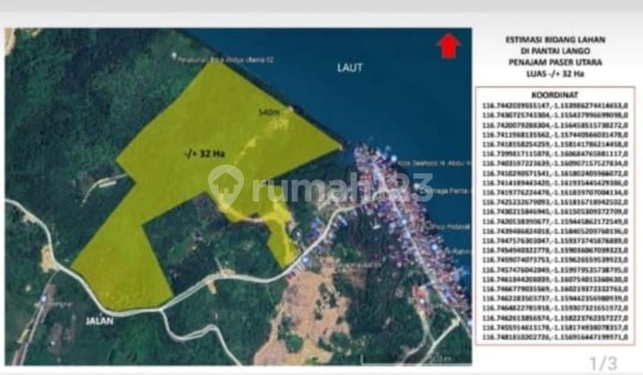 Tanah Luas Tepi Teluk Balikpapan Pantai Lango IKN Dekat Jembatan Pulau Balang