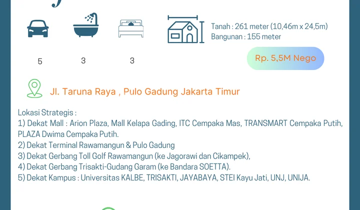 Rumah SHM di Jl. Taruna Raya Pulo Gadung, Jakarta Timur