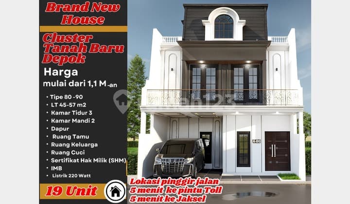 Rumah Cluster Pinggir Jalan,5 Menit ke Pintu Tol Tanah Baru Depok