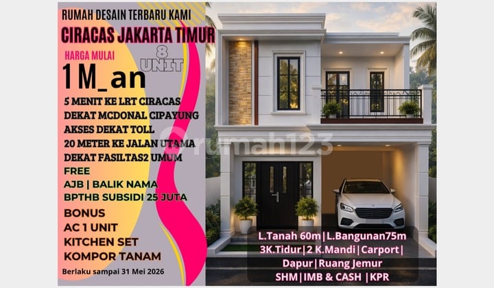 Rumah Strategis Hanya 5 Menit LRT Ciracas,Hanya 20 Meter Jl Utama