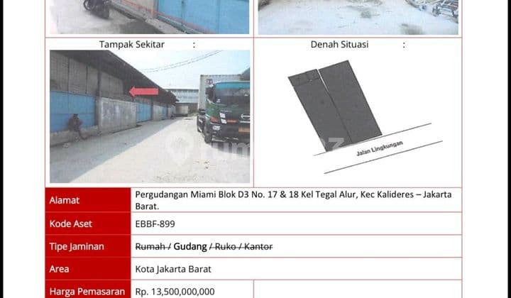 Dijual Murah Gudang Gandeng di Kawasan Miami Kapuk Kamal Aset Macet Bank