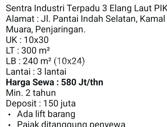 Sewa Gudang (580 Juta) Pergudangan Elang Laut. Pik