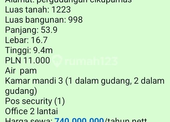 Sewa Gudang (740 Juta) Pergudangan Cikupa, Tangerang.