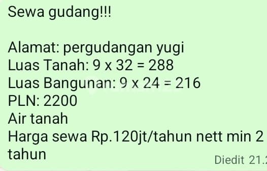 Sewa Gudang (120 Juta)Pergudangan Yugi, Pakuhaji.