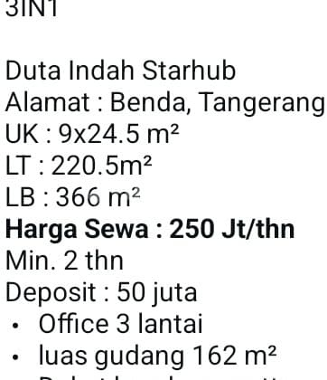 Warehouse Rental (250 Million) Duta Indah Sentoha Warehousing