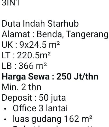 Sewa Gudang (250 Juta) Pergudangan Duta Indah Sentoha