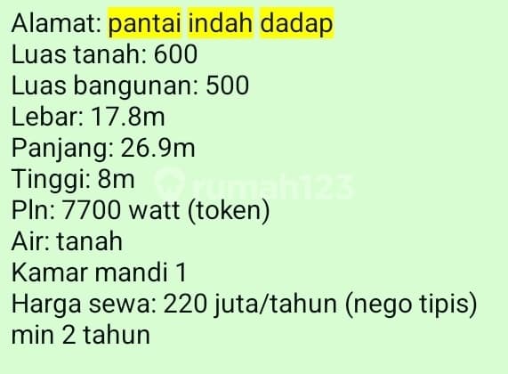 Sewa Gudang (220 Juta), Di Pergudangan Panta Indah Dadap 600.0 m² Unfurnished SHM