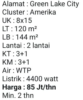 Sewa Rumah (85 Juta) Cluster Amerika Digreen Lake Bagus