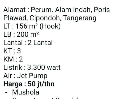 Sewa Rumah (50 Juta) Perumahan Poris Indah