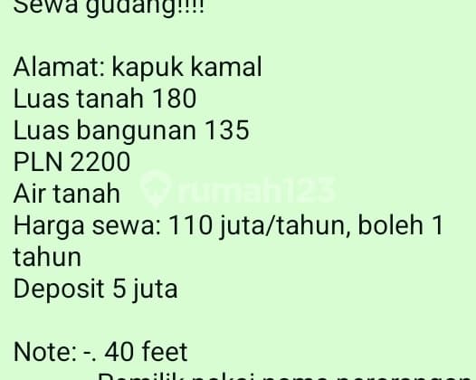 Warehouse Rental (110 Million) 180.0 M² in Kapuk Kamal Unfurnished SHM