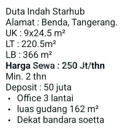 Sewa Gudang (250 Juta) Pergudangan Duta Indah Starhub. Tangerang