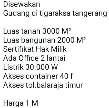 Sewa Gudang (1 Milyard) di Tigaraksa 3000.0 M² Unfurnished SHM