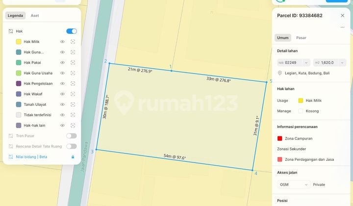 Tanah di Dewi Sri Kuta 16 Are Bisa Dibeli Sebagian Area Komersial Cocok Untuk Apartment dan Villa Akses Jalan Lebar