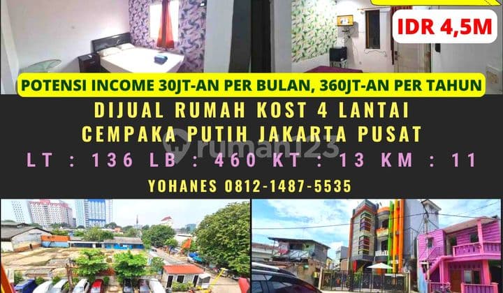 Kost Cempaka Putih 4 Lantai Akses Jalan 2 Mobil Longgar