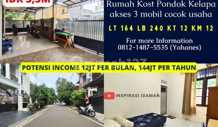 Rumah Kost Pondok Kelapa 12 Pintu Akses 3 Mobil Cocok Usaha