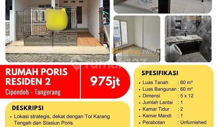 DIJUAL CEPAT! Rumah 1 lantai di Poris Residence 2, Cipondoh, Tangerang