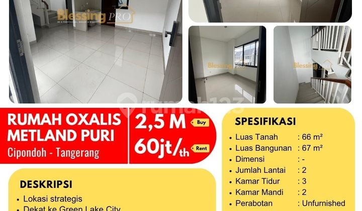Disewakan Cepat Rumah Clust. Oxalis Metland Puri, Cipondoh, Tangerang