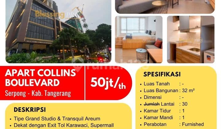 Tinggal Bawa Koper Aja!! Disewakan Apart Grand Studio Collins Boulevard, Serpong, Tangerang