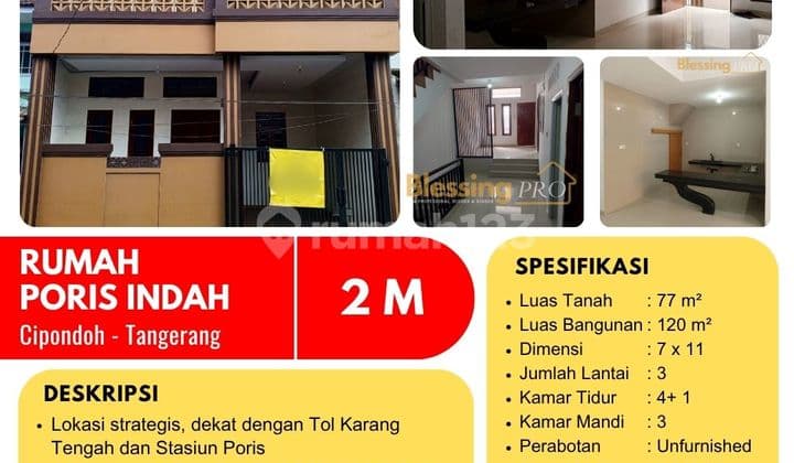 Dijual Rumah 3 Lantai Unfurnished di Poris Indah, Cipondoh, Tangerang