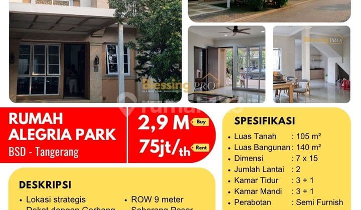 Dijual Cepat Rumah Alegria Park, BSD, Tangerang