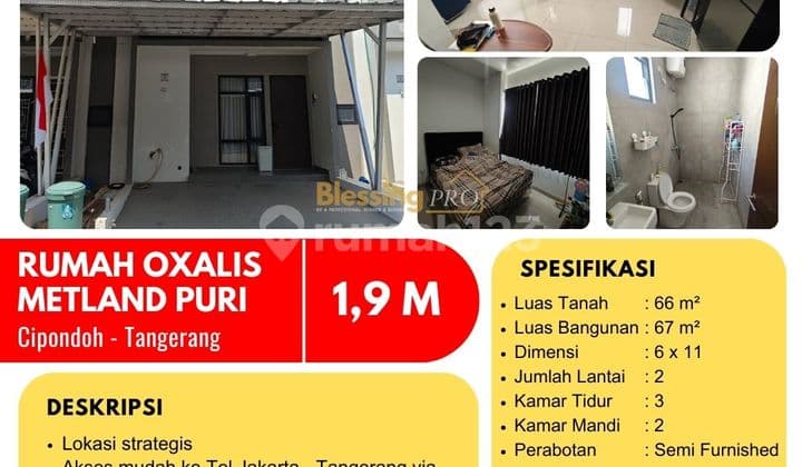 Dijual Rumah Semi Furnished Metland Puri, Cluster Oxalis, Cipondoh, Tangerang