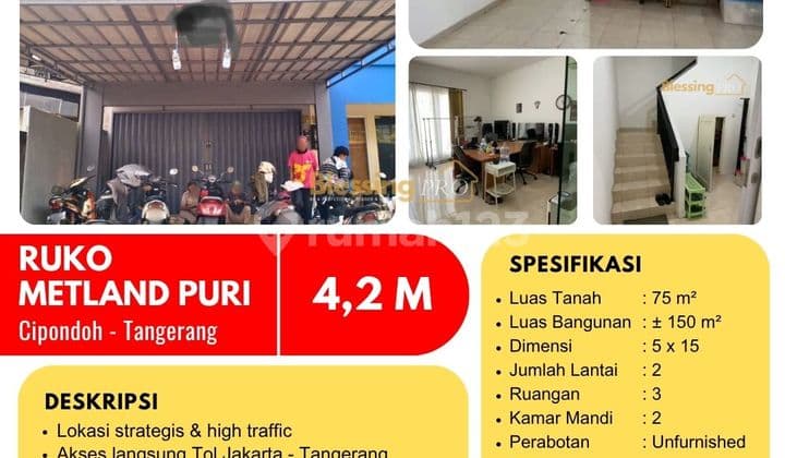 Dijual Ruko Strategis di Metland Puri, Cipondoh, Tangerang