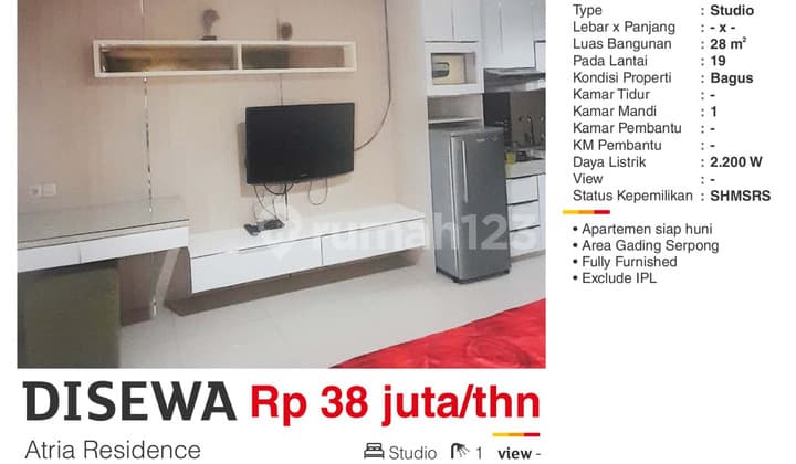 Disewa Apartemen Studio Full Furnish di Atria Res. Gading Serpong