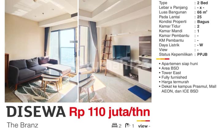 Disewa Apartemen Siap Huni 2BR Full Furnished Murah di Branz BSD