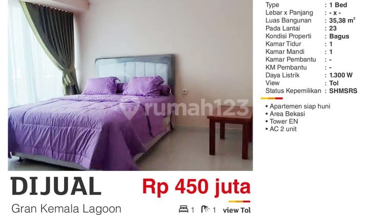 Dijual Apartemen 1BR Furnished SHM di Gran Kemala Lagoon Bekasi